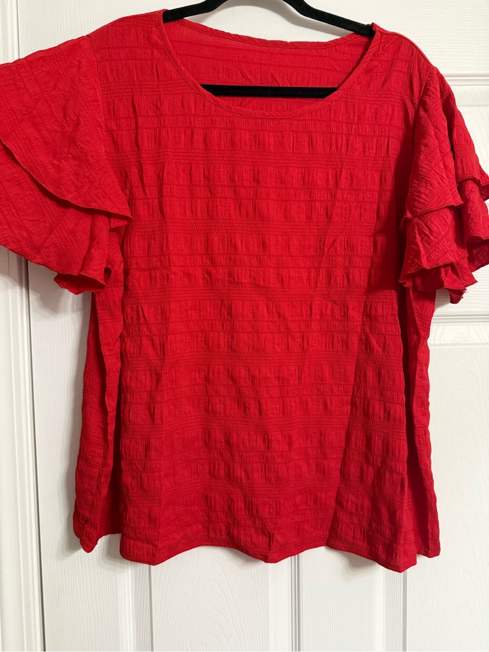 Women's Red Ruffle Sleeve Textured Blouse